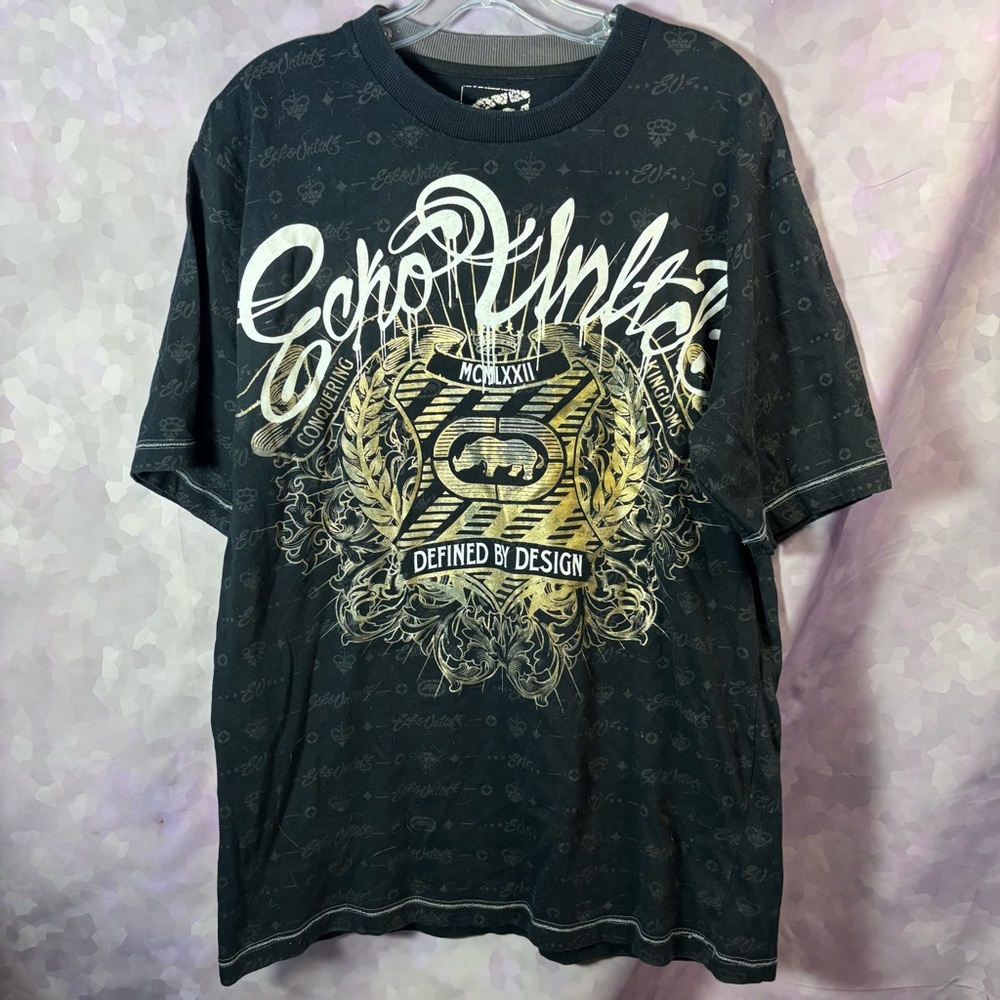 Ecko Unltd Black Graphic Logo Monogram All Over Print Tee. Christian Audigier LG